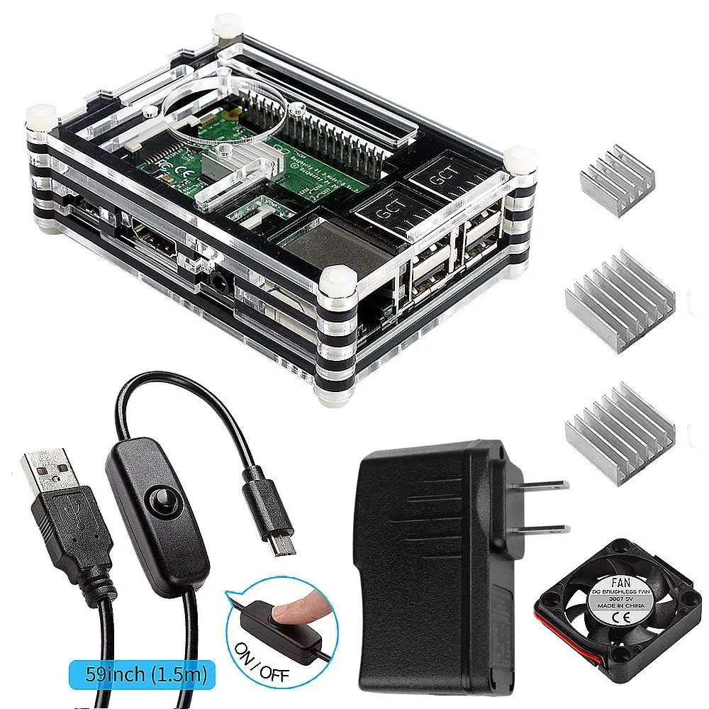 Smraza Case for Raspberry Pi 3 with Fan Cooling and Heatsinks, 5V/2.5A Power Supply, Micro USB with On/Off Switch Case for Pi 3B 2 Model B (Not include Raspberry pi board)